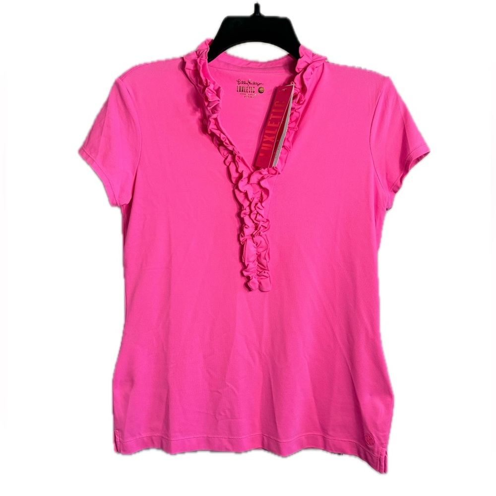 Lilly Pulitzer Luxletic Frida Ruffle Polo Top Pink Size Small NWT